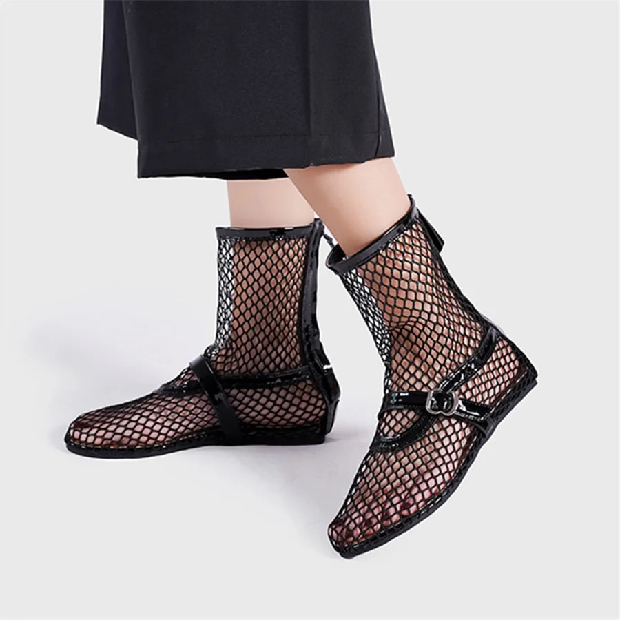 Runway Women Summer Boots Hollow Out Mesh Gladiator Sandals Ladies Flat Shoes Strap Ankle Botas Mujer Black Short Booties