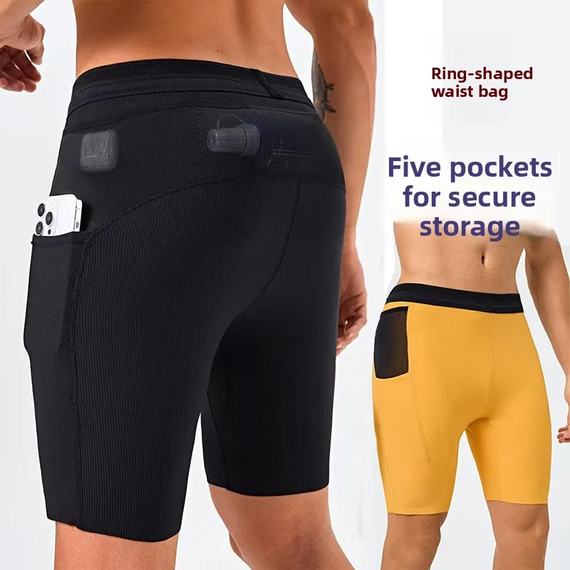 Men's Sporty Compression Shorts Five Pockets Running Marathon Quick Dry Multi-Functional Waist Bag Pants Breathable Lightweight