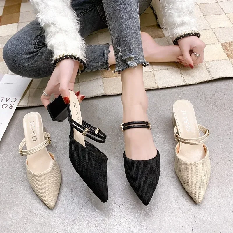 2024 New Fashion Solid Color Versatile and Comfortable Baotou Square Heel Outerwear Women\'s Slippers Best Selling Summer