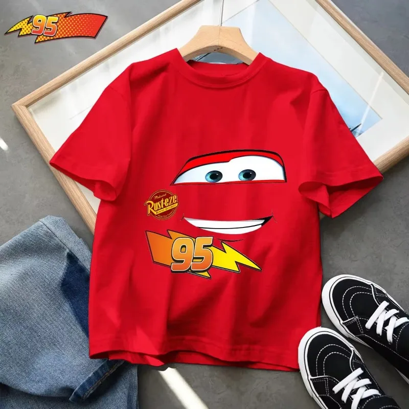 2025 Disney Summer Kids T-shirt Short Sleeve Top Cartoon Cars Pixar Lightning McQueen Men Women Clothing Cotton Loose Tees