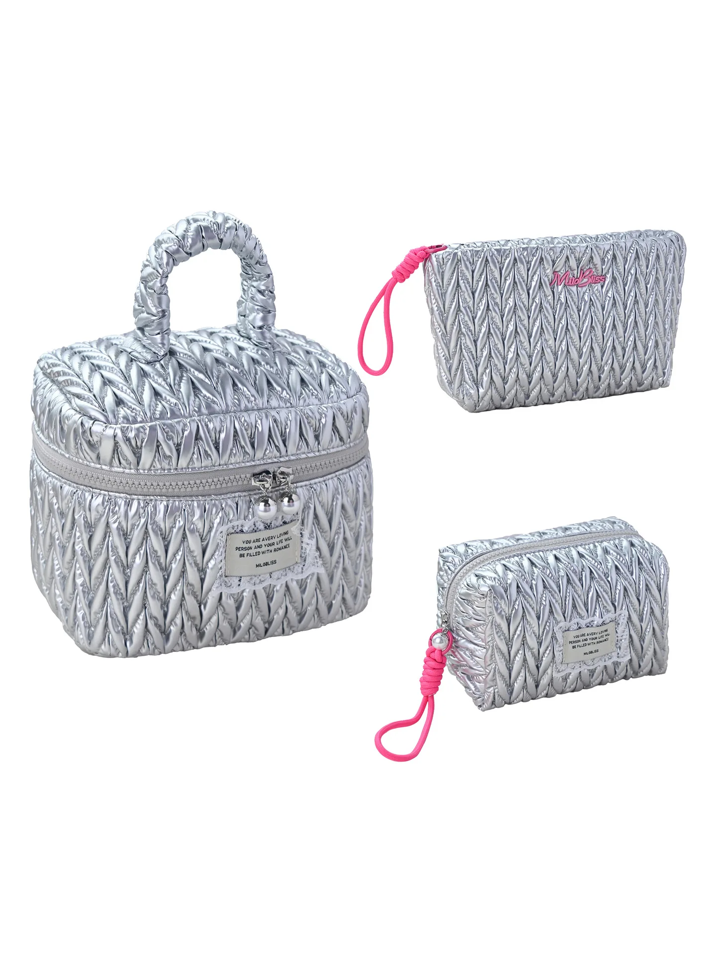 

New Design Silver Quilted Cosmetic Bag PU Leather Portable Makeup Organizer Pouch Travel Toiletry Bag Large Capacity Zipper Bag