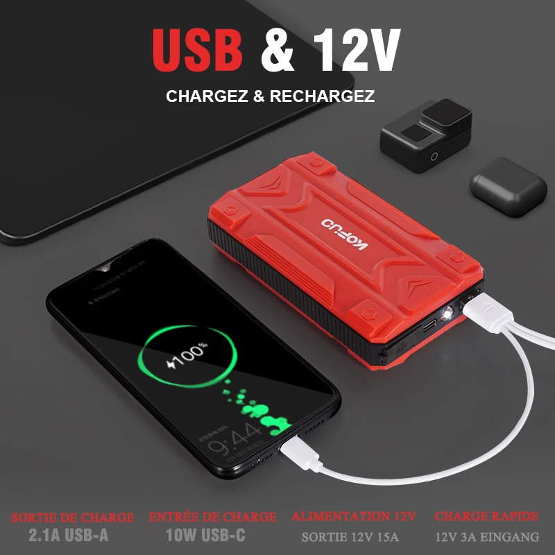 600A خفيفة الوزن سيارة الانتقال كاتب 12V السيارات البطارية الداعم ل 5.0L الغاز و 4.0L الديزل، USB QC و LED الخفيفة