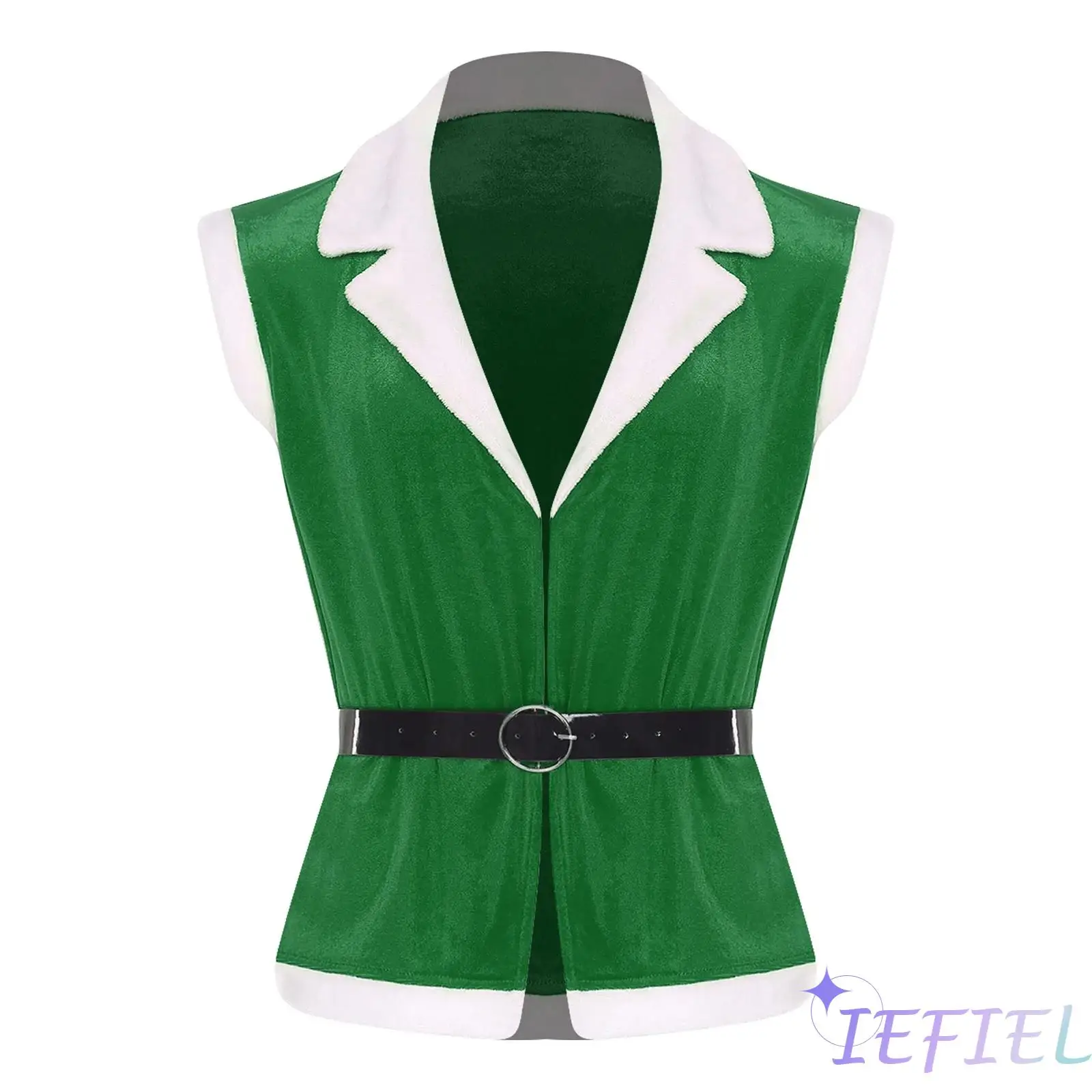 

Men's Christmas Party Outfit Sleeveless Open Front Contrast Color Velvet Xmas Vest with Belt Set for New Year Christmas Party