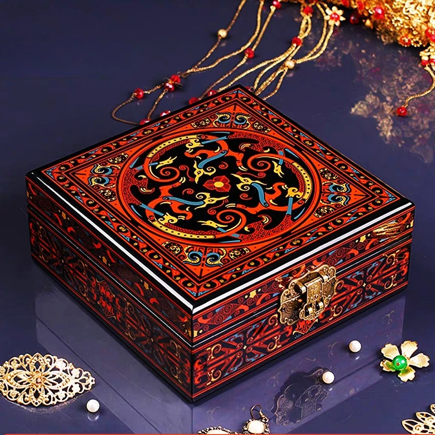 Large Capacity Square Lacquerware Jewelry Box Warring States Han Pattern Zhao Jin Lacquer Art Bangle Storage Box For Gifting
