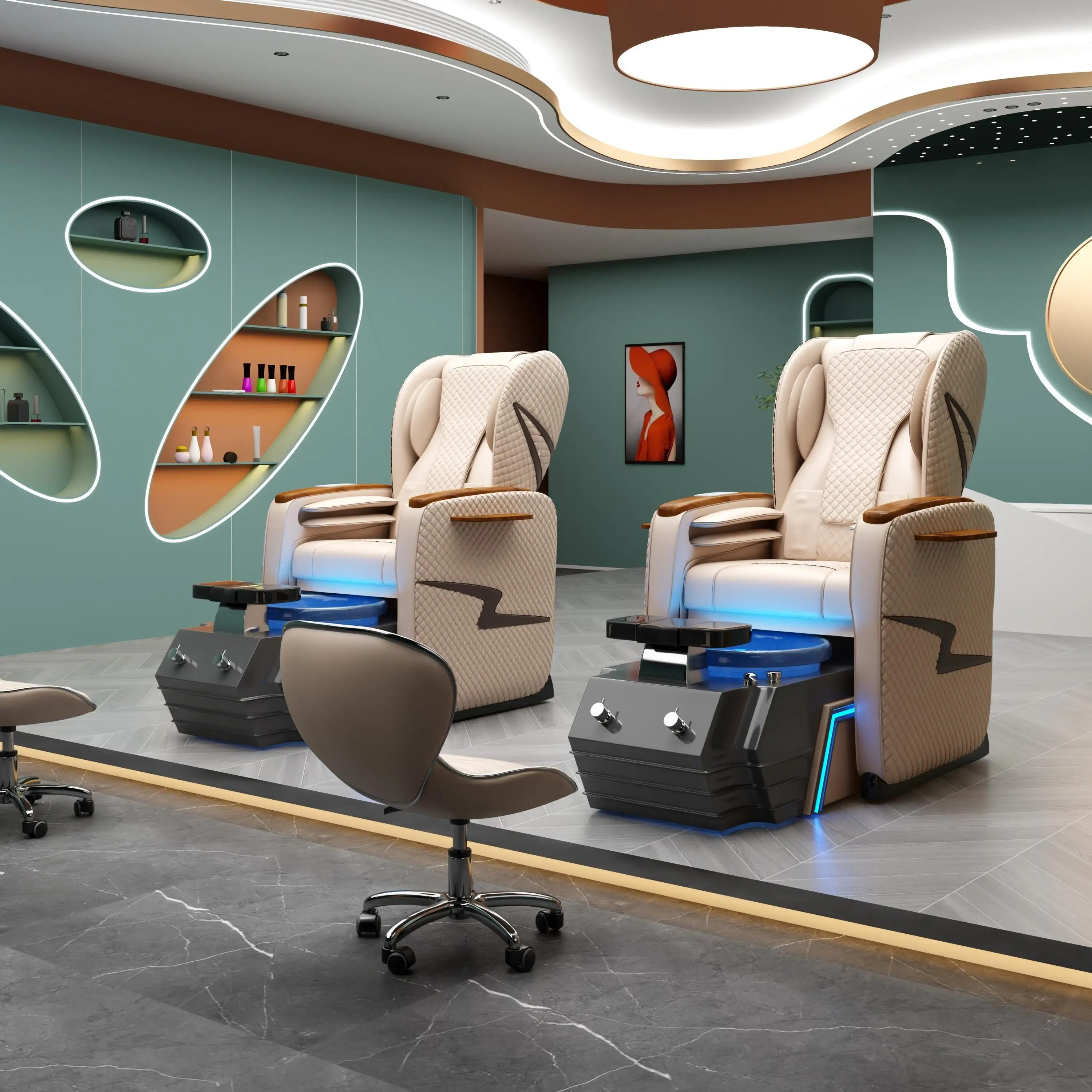 Czarne elektryczne krzesło do pedicure z masażem stóp, manipulatorem, podświetleniem, szklaną miską z efektem fali wodnej i pompą odpływową.