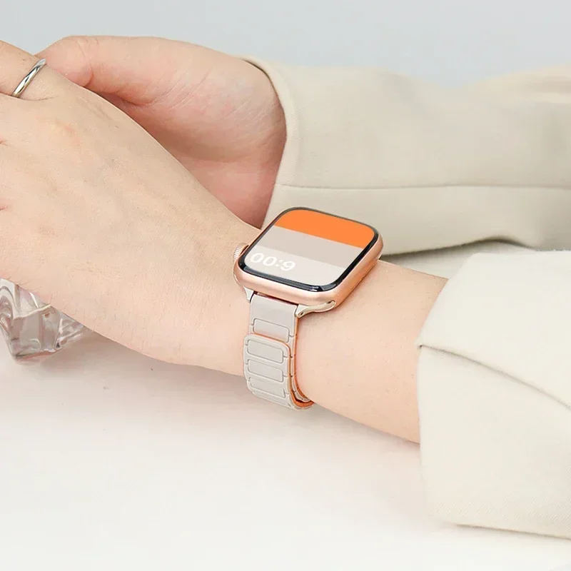 Magnetyczny pasek do zegarka kompatybilny z Apple Watch Band 49mm 45mm 44mm, cienki silikonowy magnes do IWatch Series 10 9/8/7/6/5/4 Ultra 2