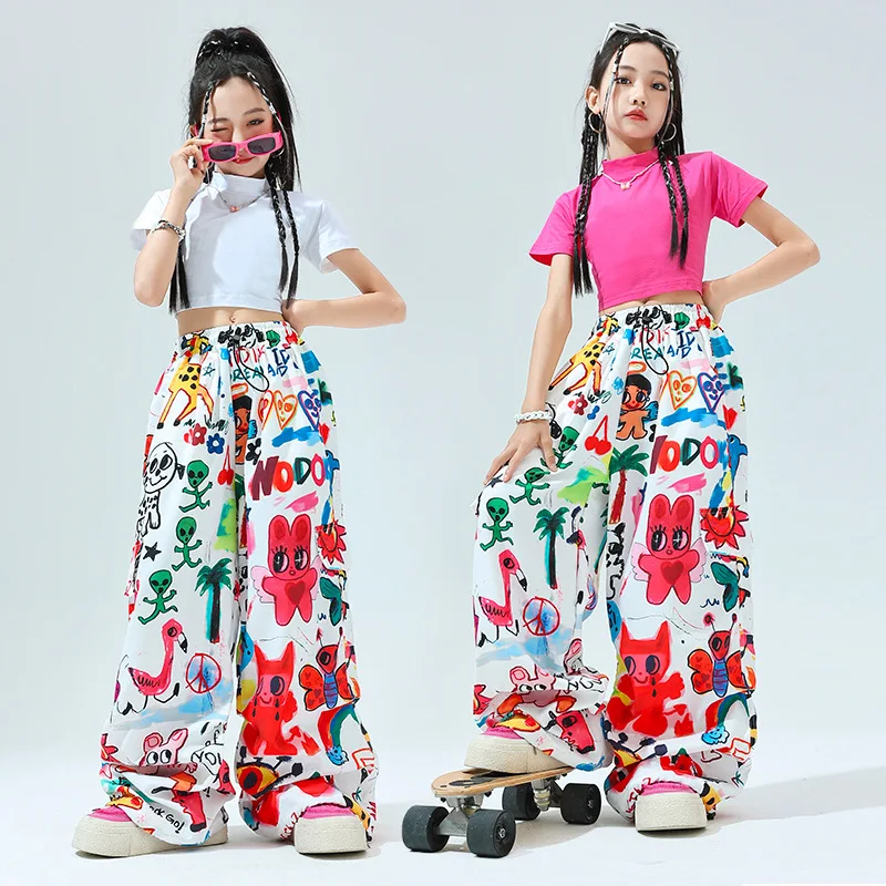 Kids Hip Hop Dance Performance Set Girls Hip Hop Jazz Stage Exposed Belly Button Clothes Graffiti Dancing Pants