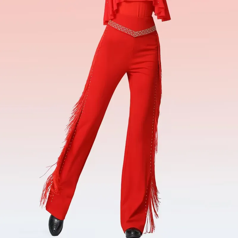 new-latin-dance-pants-women-loose-tassel-embellied-straight-leg-slimming-belly-covering-elastic-high-waist-long-trousers