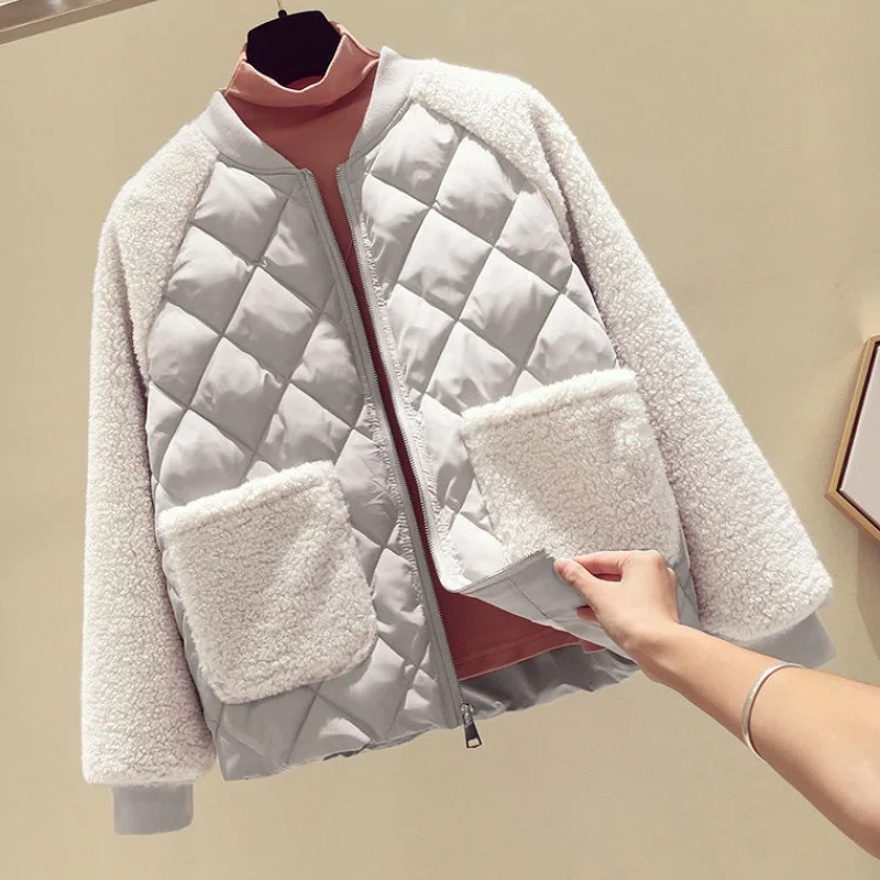 Women Baseball Padded Jacket 2024 New Autum Winter Light Down Cotton Jacket Female Short Outerwear Fashion Loose Lamb Wool Coat