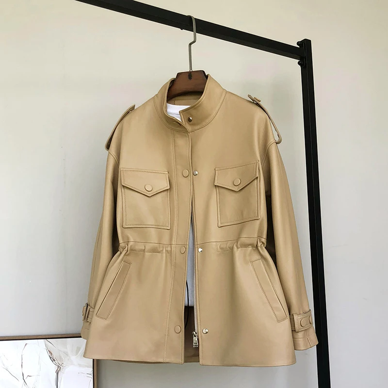 Gabardina de piel de oveja auténtica para mujer, chaqueta informal de longitud media con cordón en la cintura y cuello levantado, Otoño, 2024