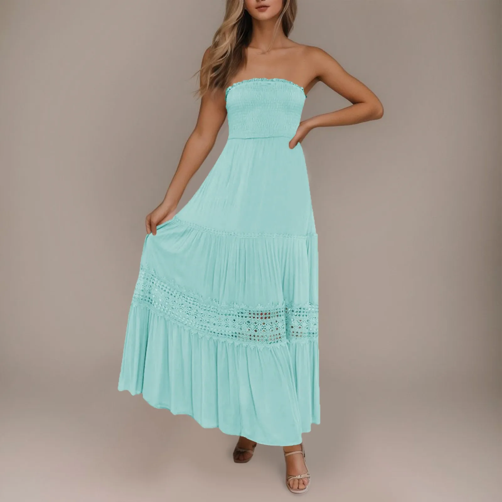 

Womens Fashion Bohemian Beach Solid Color Dress Strapless Off Shoulder Lace Trim Backless Flowy A Line Hollow Out long Dress