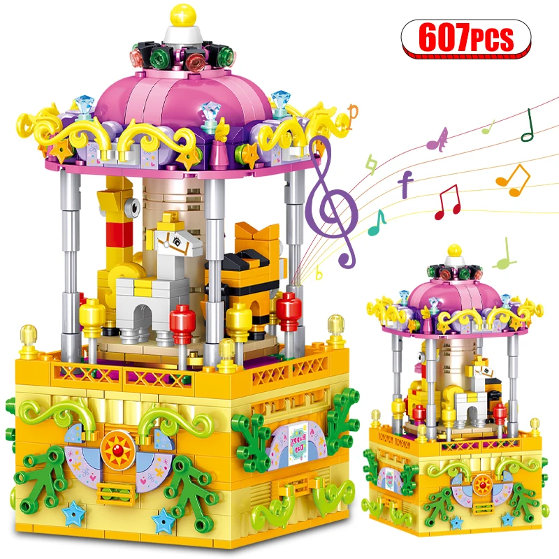 Creative City Amusement Park Merry Go Round Music Box Building Blocks Friends Bricks For Children toys Girls Birthday Gifts