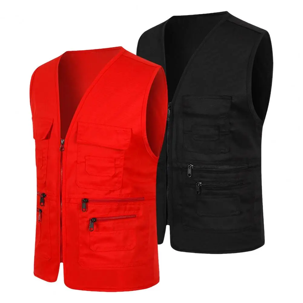 Multi-pocket Vest Men's Summer Cargo Waistcoat with Multi Pockets Zipper Placket V-neck Sleeveless Sports Vest for Safety