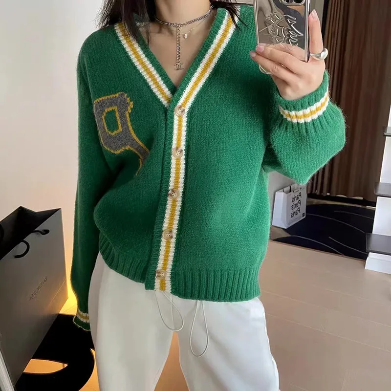 Varsity Striped Cardigan Sweater for Women Letter Print Long Sleeve Button-up Knitted Jacket High School Fall Winter Outfit