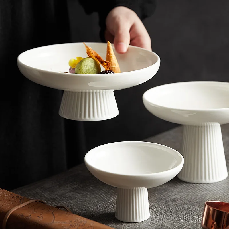 Simple style ceramic tall fruit plate fruit plate hotel tableware household premium Chinese nut pastry refreshment plate