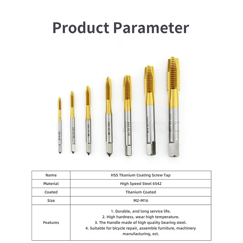 HSS Titanium Coating Screw Tap Drill Bit M2 M2.5 M3 M3.5 M4 M5 M6 M8 M10 M12 Metric Straight Flute Thread Tap Hand Tools