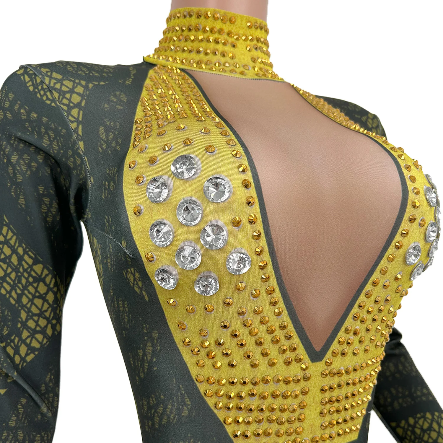 Sexy Stretch Rhinestones Party Jumpsuits Women Stretch Long Sleeve Crystal Romper Nightclub Prom Bodysuit Dance Wear Huangzuan