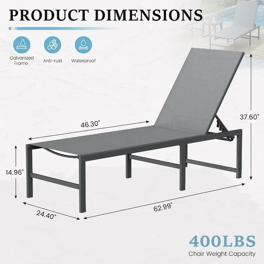 Outdoor Chaise Chairs 2 Pieces Pool Lounge Chair, Adjustable Poolside Sunloungers Lay Flat Sunbathing Chaise with Backrest for