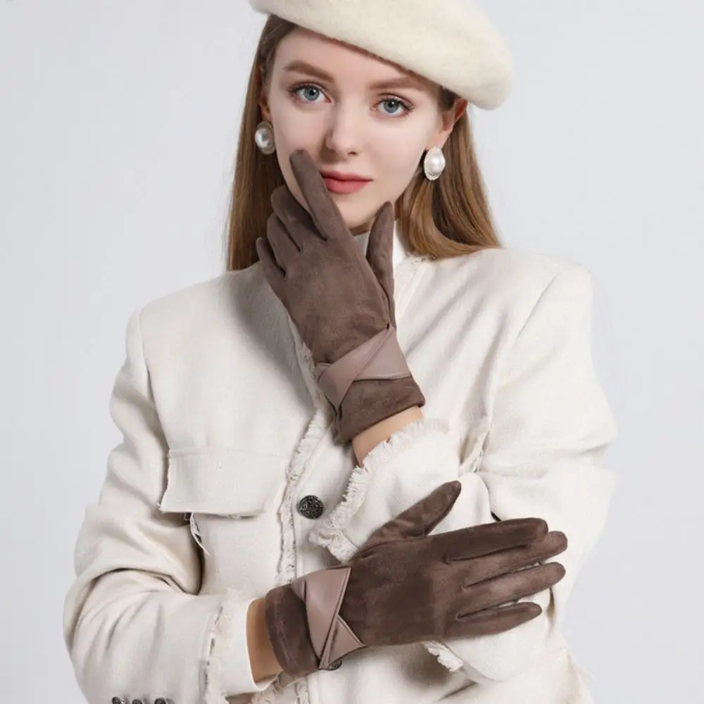 Fashion Chamois Leather Suede Leather Gloves Thicken Five Finger Touch Screen Gloves Skiing Plush Winter Driving Gloves Women