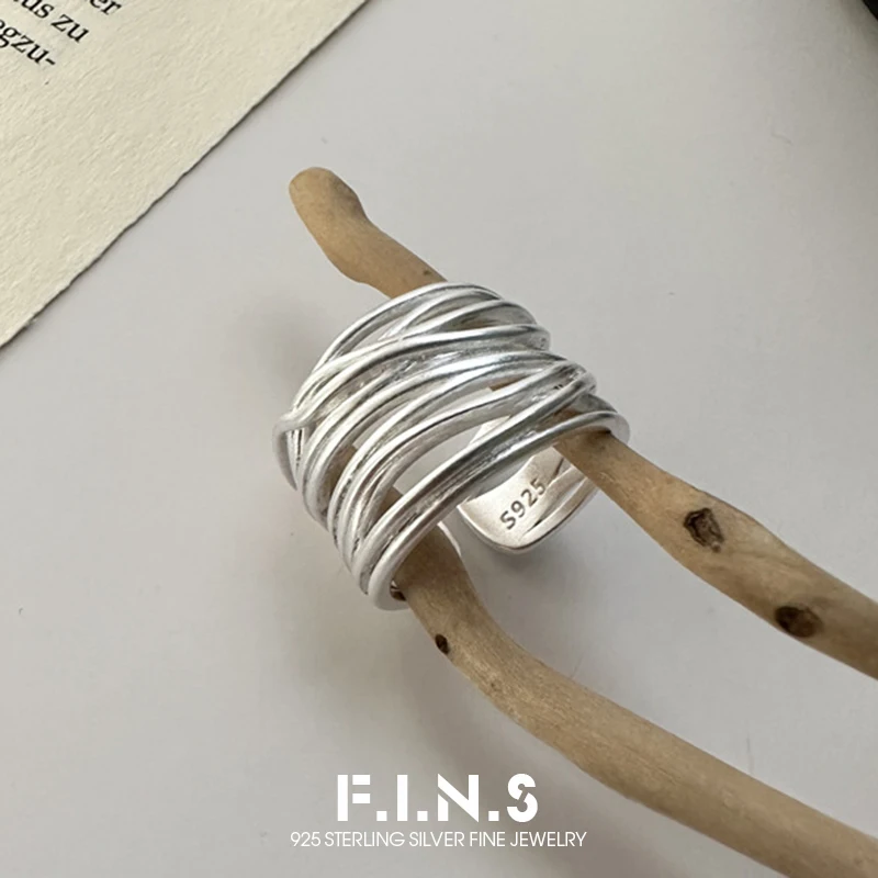 F.I.N.S S925 Sterling Silver Wire-Wrapped Ring Minimalist Matte Wide Statement Opening Adjustable Finger Fine Jewelry Gifts