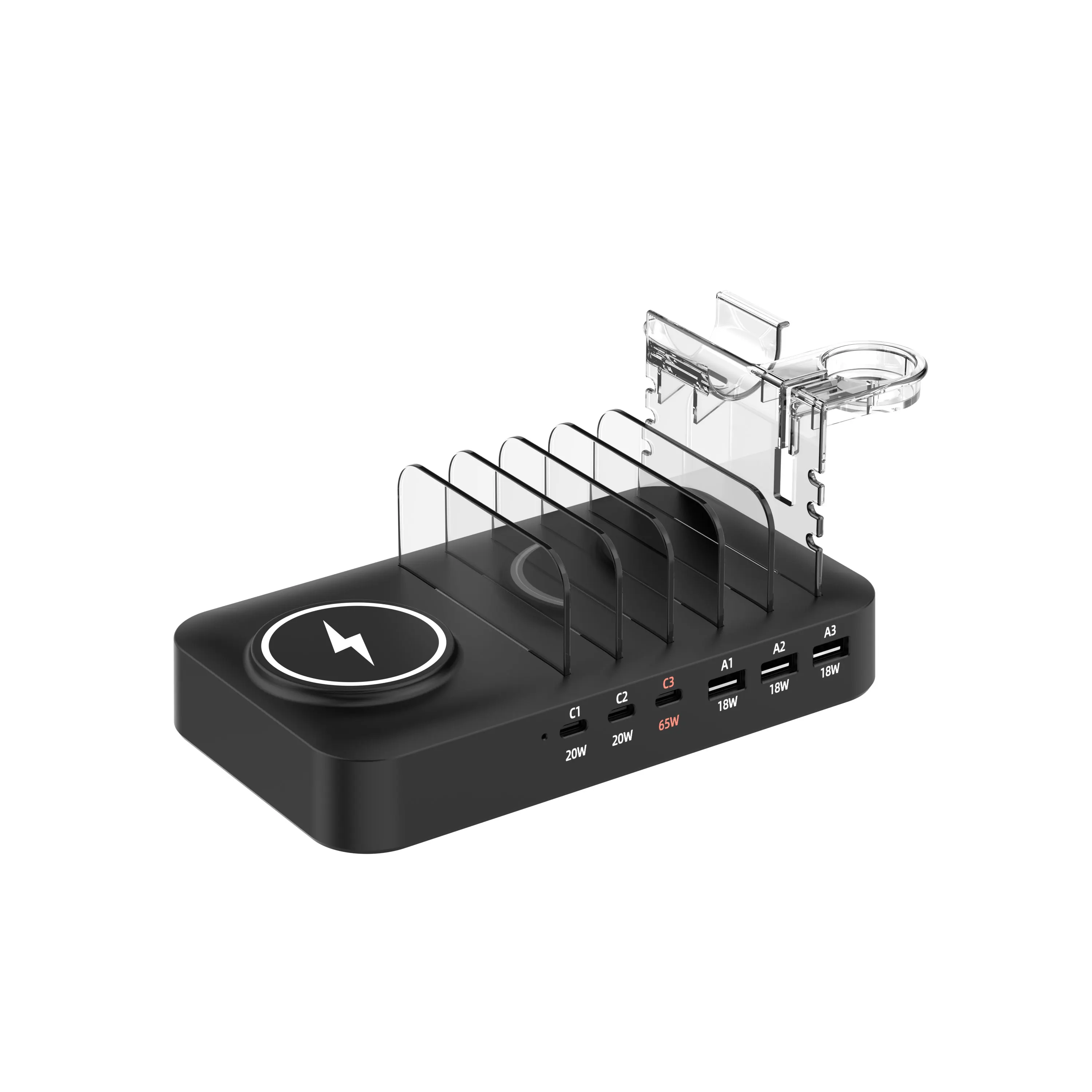 

Wireless Charger Stand, Desktop Charging Station with 5 USB + 3 Type-C Ports, Multi-Device Charger Organizer for Phones Tablets