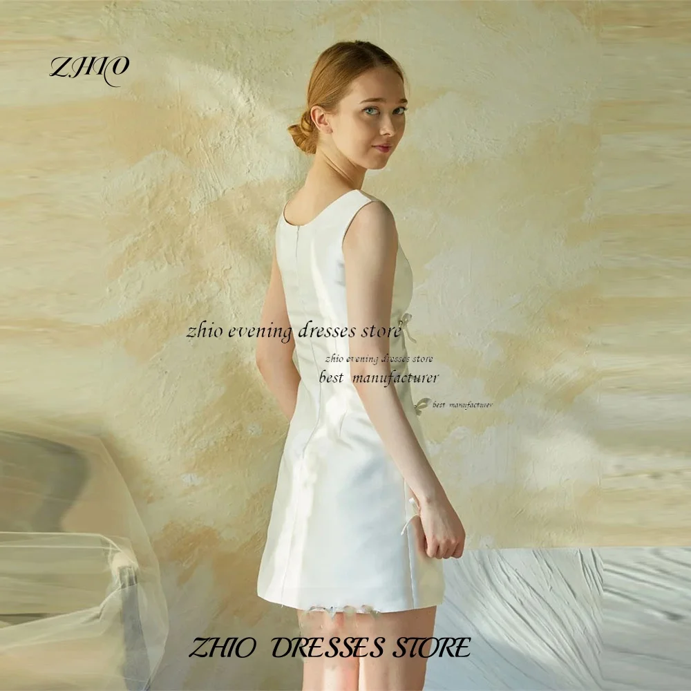 ZHIO 한국 맞춤형 미니 새틴 웨딩 드레스 스퀘어 넥 백 지퍼 민소매 무릎 웨딩 파티 저녁 칵테일 댄스 파티 드레스