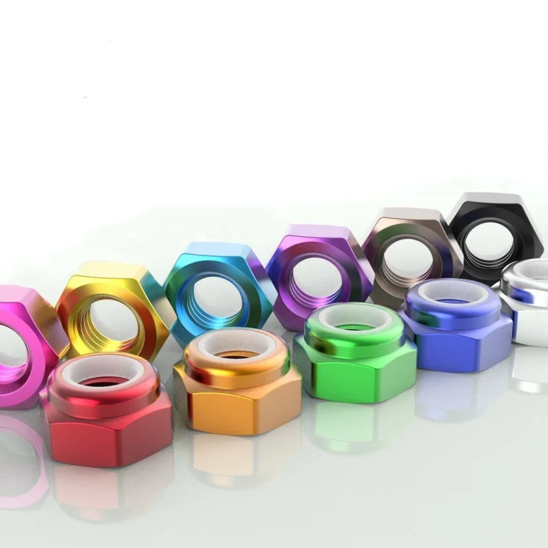 อลูมิเนียมล็อคถั่ว M2 M2.5 M3 M4 M5 M6 M8 Anodized อลูมิเนียมที่มีสีสัน HEX ไนลอนใส่ LOCK NUT Self-locking Locknut 2/5/10pcs