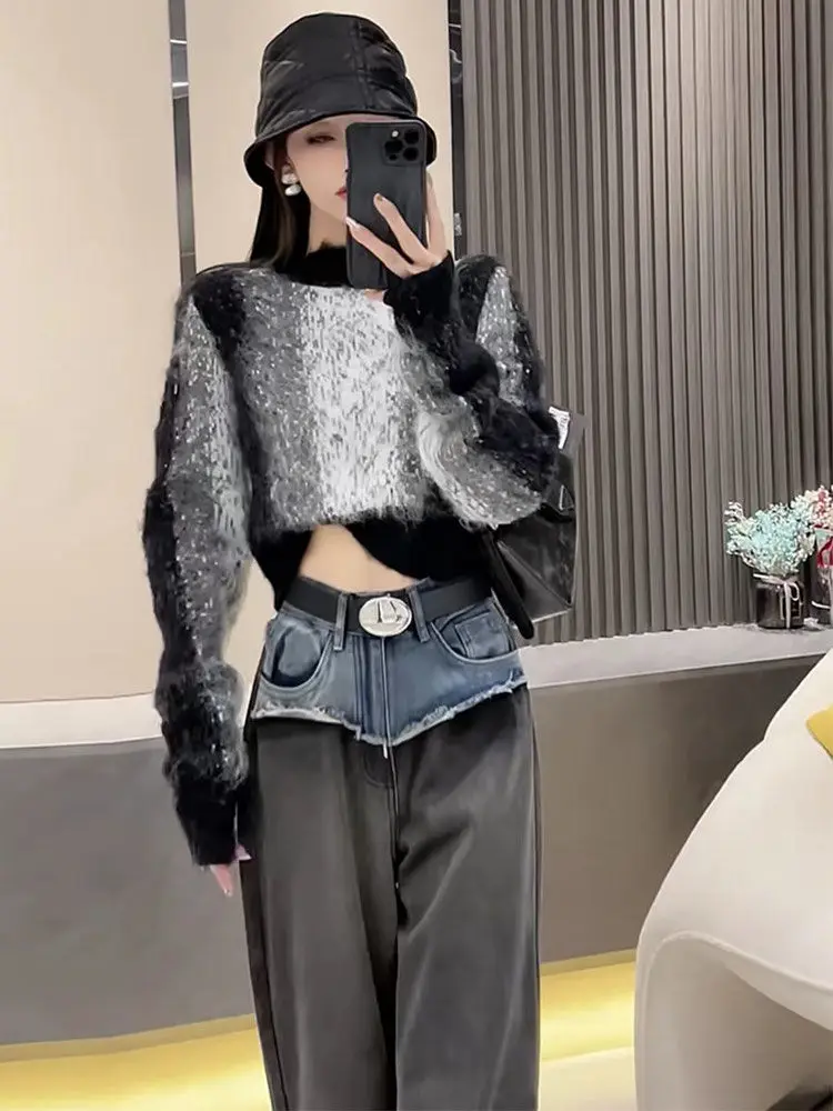 Korean Fashion Furry Contrast Color Sweater for Women 2023 New Autumn Winter Short Knitted Top Elegant Oversized  Pullovers