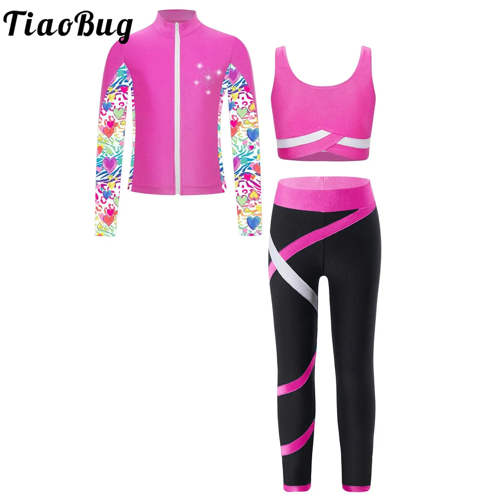 Kids Girls Figure Skating Tracksuits Long Sleeves Athletic Shirt with Vest Tops Leggings Sports Gymnastics Fitness Yoga Outfits