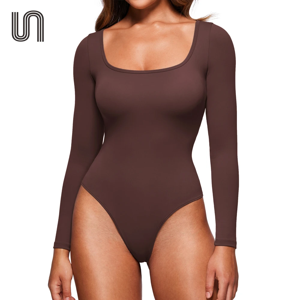 

Butterluxe Square Neck Solid Long Sleeve Bodysuit Women Sexy Thong Bodysuits Tops Soft Stretchy Jumpsuits Stylish