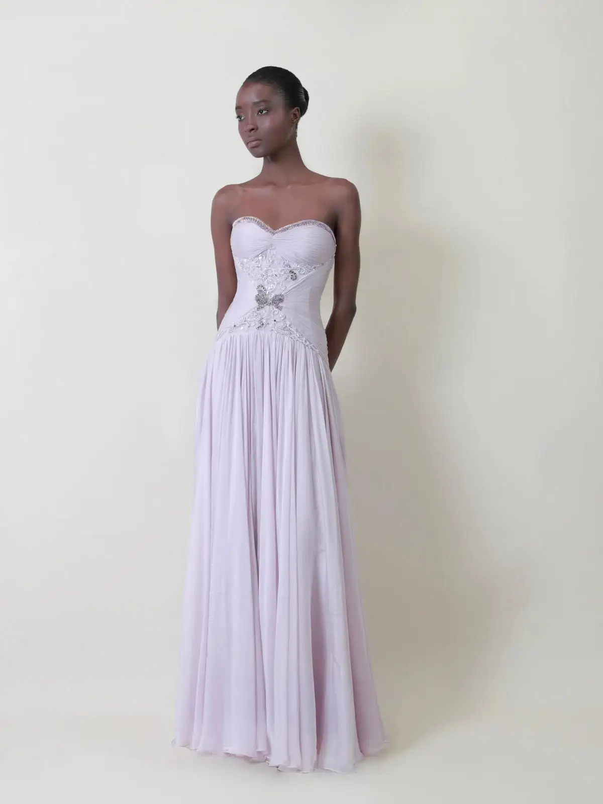 LumiGown2026 Lavender Strapless Sweetheart Bridesmaid Gown Hand Beaded Butterfly Applique Chiffon Flowing Long Formal PartyDress