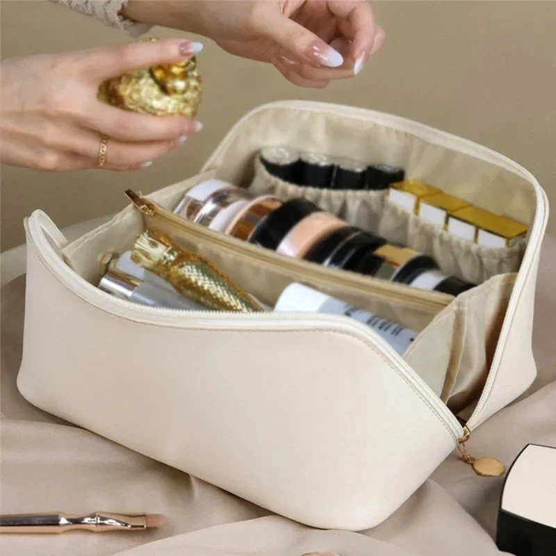 Bolsa de cosméticos de viaje de cuero de gran capacidad, estuche de maquillaje portátil para mujer, organizador de artículos de tocador multifuncional impermeable, bolsa de almacenamiento