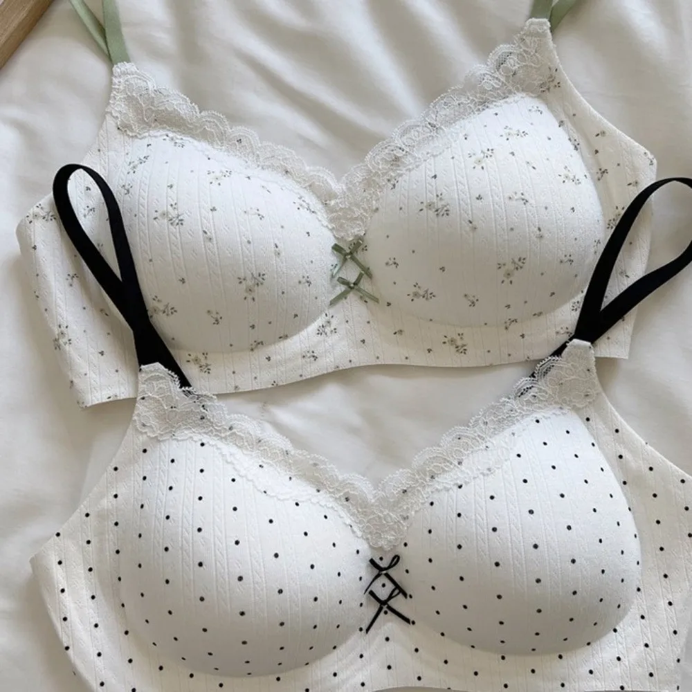 Weicher, verstellbarer, nahtloser, spurenloser, kabelloser V-BH mit Blumenmuster und Schleife, stoßdämpfender BH für Damen, Punktmuster, nahtlose BHs, Yoga – Detail 10