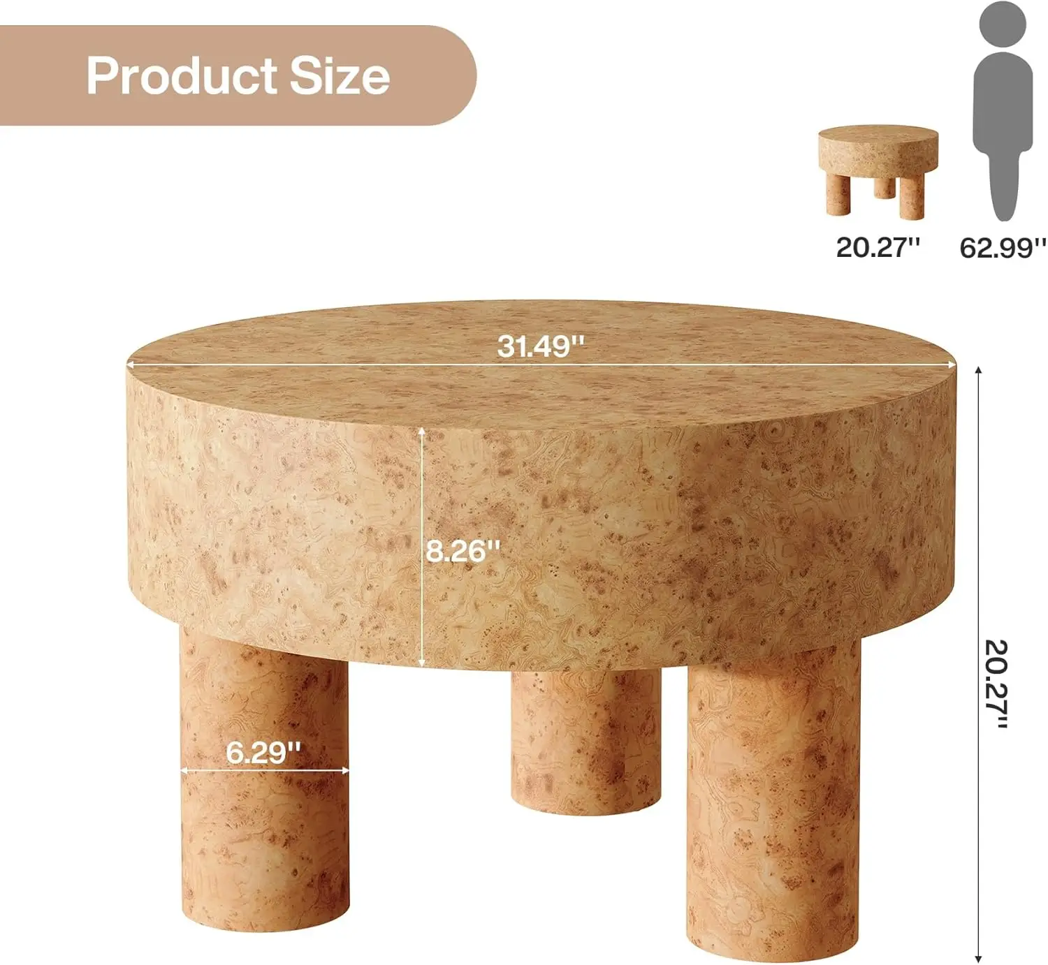 Tavolino da caffè rotondo moderno da 31,5" - Tavolino da tè circolare da cocktail con struttura in radica e gambe robuste