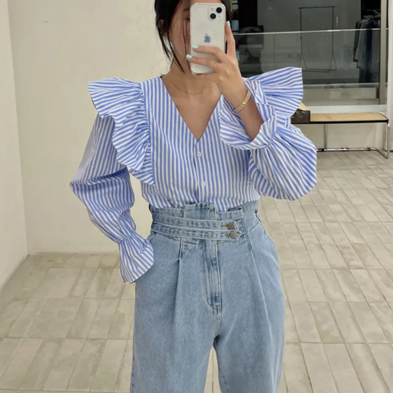 

Весенне-осенняя женская рубашка с длинным рукавом и V-образным вырезом в корейском стиле, повседневная, универсальная, для школы, работы, путешествий, свиданий