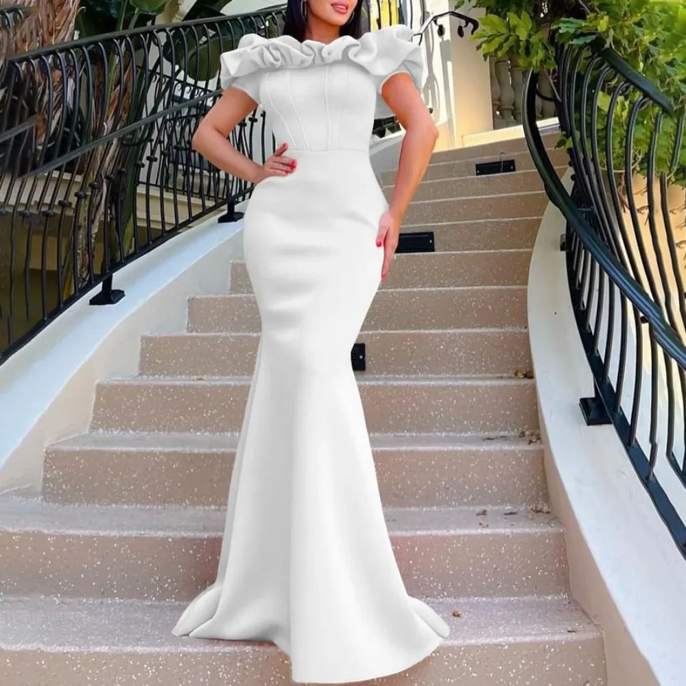 Women Solid Color Off Shoulder Fishtail Mermaid Evening Gown Floor-Length Slim Fit Soft Stretchy Breathable Flattering Comfy New