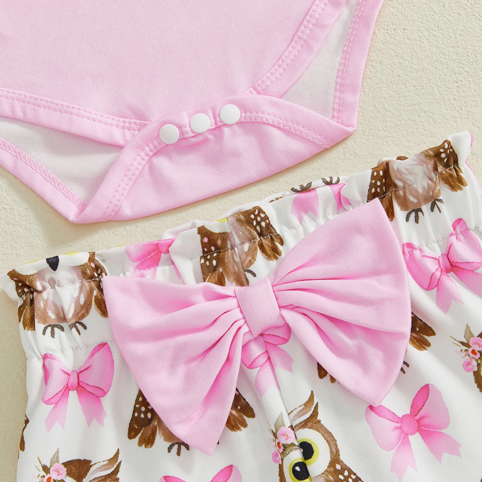 3 قطع ملابس الربيع للفتيات الرضع كشكش طويلة الأكمام طاقم الرقبة البومة طباعة رومبير مرونة الخصر السراويل ومجموعة عصابات رأس #1