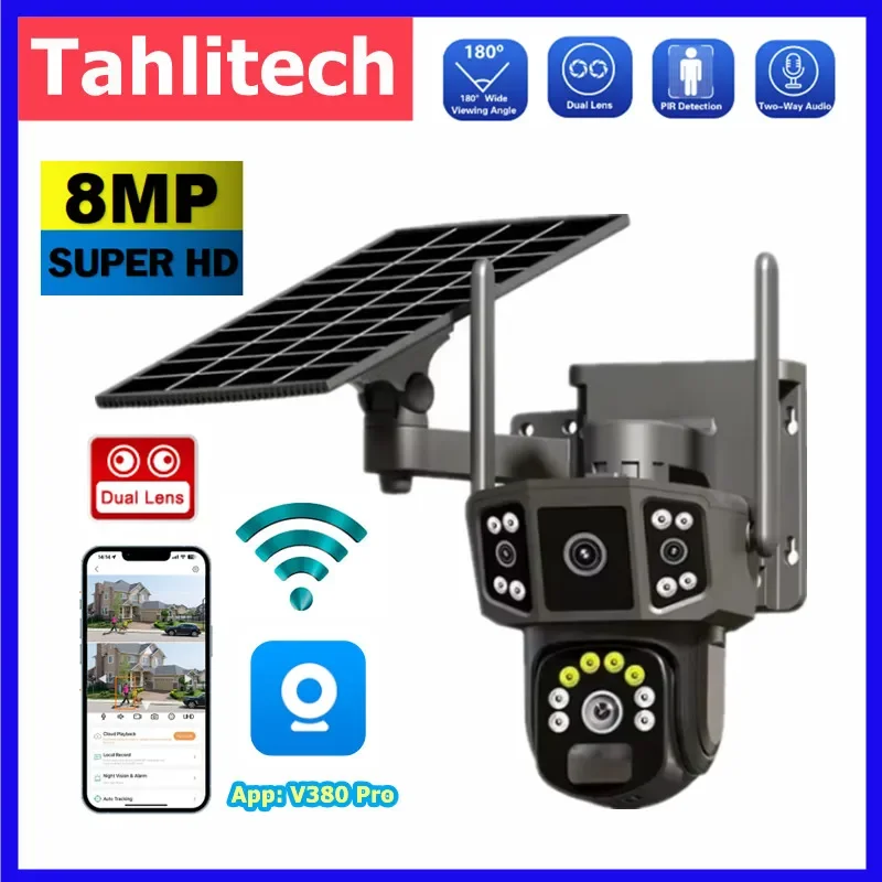 4K 2-Lens 2-Screen Solar PTZ IP Camera V380 10X WIFI solar CCTV 4G SIM Card Battery Solar Outdoor Video Security Camera