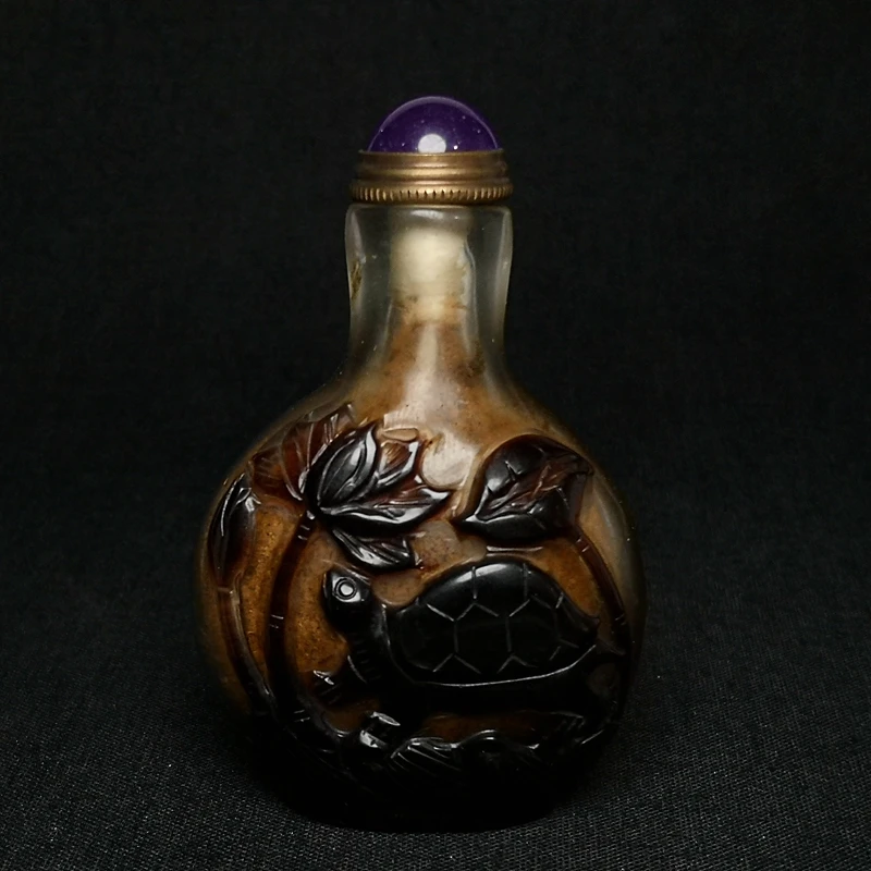 

YIZHU CULTUER ART Size 2.9 Inch Chinese Old Beijing Glaze Carving Lotus leaf Turtle Statue Snuff Bottle Collection