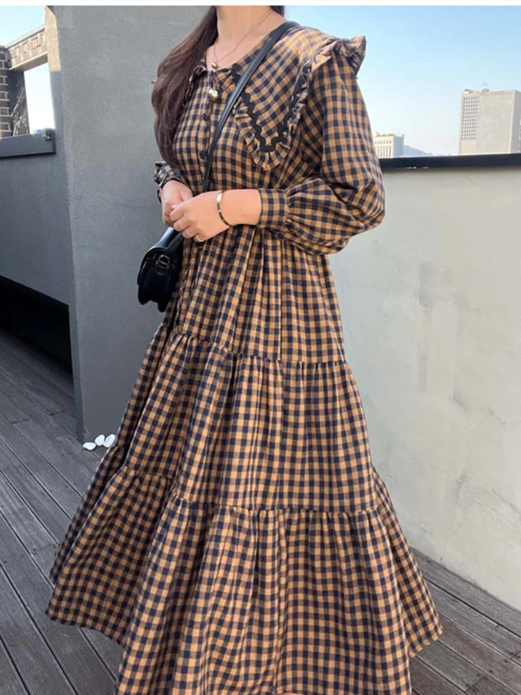 DR6398 New 2023 Fashionable Elegant Lady Checkered Lace Up Chic Vintage High Waist Lady Wild Autumn Winter Women's Long Dresses