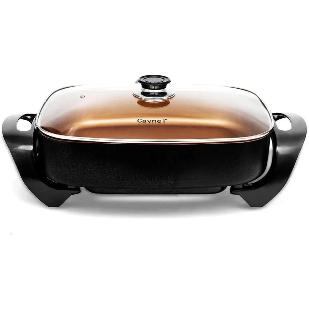 

Professional Non-stick Copper Electric Skillet Jumbo, Deep Dish with Tempered Glass Vented Lid, Upgrade Thermostat