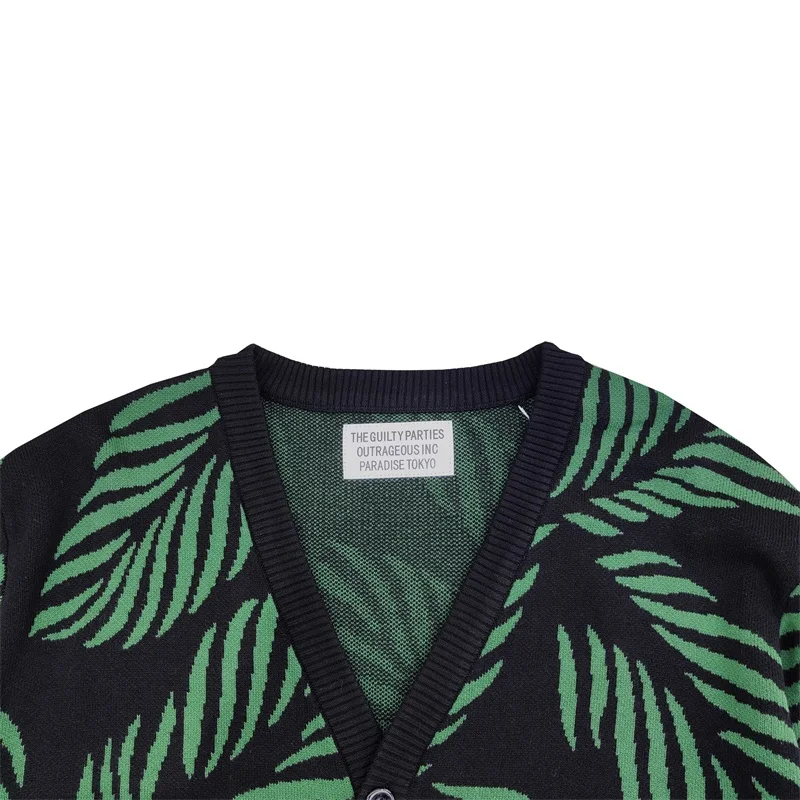 Best Quality Brand WACKO MARIA Winter Fashion Leaves Full Print Cotton V-Neck Knit Cardigan New Mens Womens Sweater