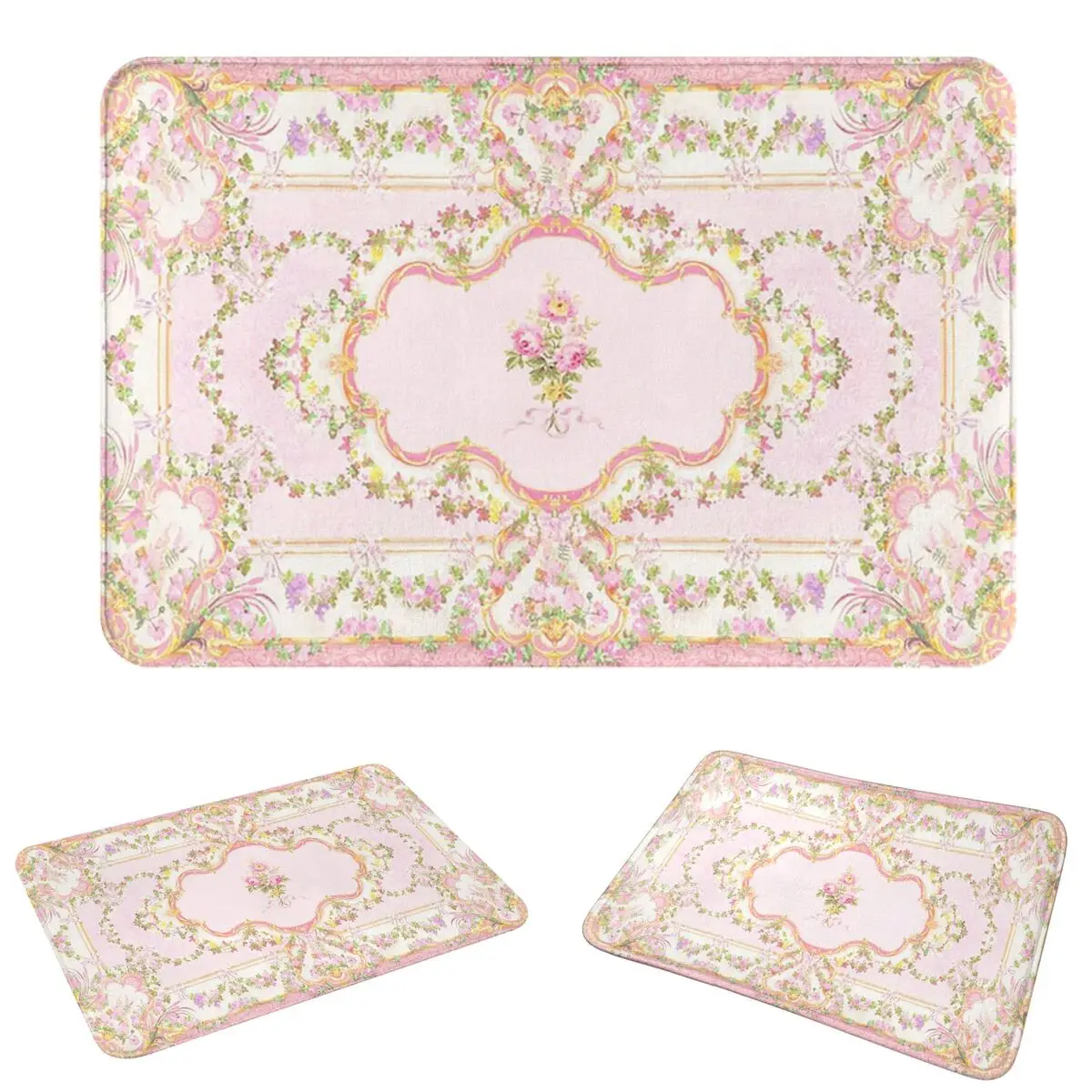 French Rococo Pink Floral Watercolor Panel Doormat Dust-proo Carpet Rug Kitchen Entrance Home Floor Mat for Living room Footpad