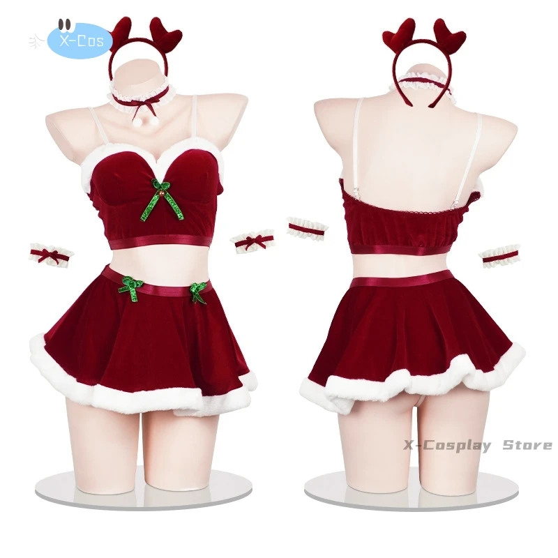 2024 Christmas Uniform Santa Claus Cosplay Costume Camgirl Xmas Clothes Top Skirt Headband Outfits Red New Year Nightdress Girl