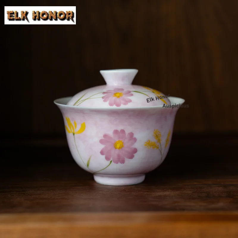 

120ml Pure Hand-painted Blossom Flower Gaiwan Luxury Tea Tureen Tea Bowl With Lid Kit Tea Maker Cover Bowl Tea Ceremony Gifts