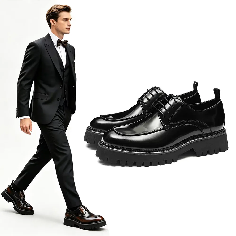 Men Polished Derby Shoes British Retro Chunky Platform Leather Dress Height Increasing Lace Up Formal Wedding Footwear