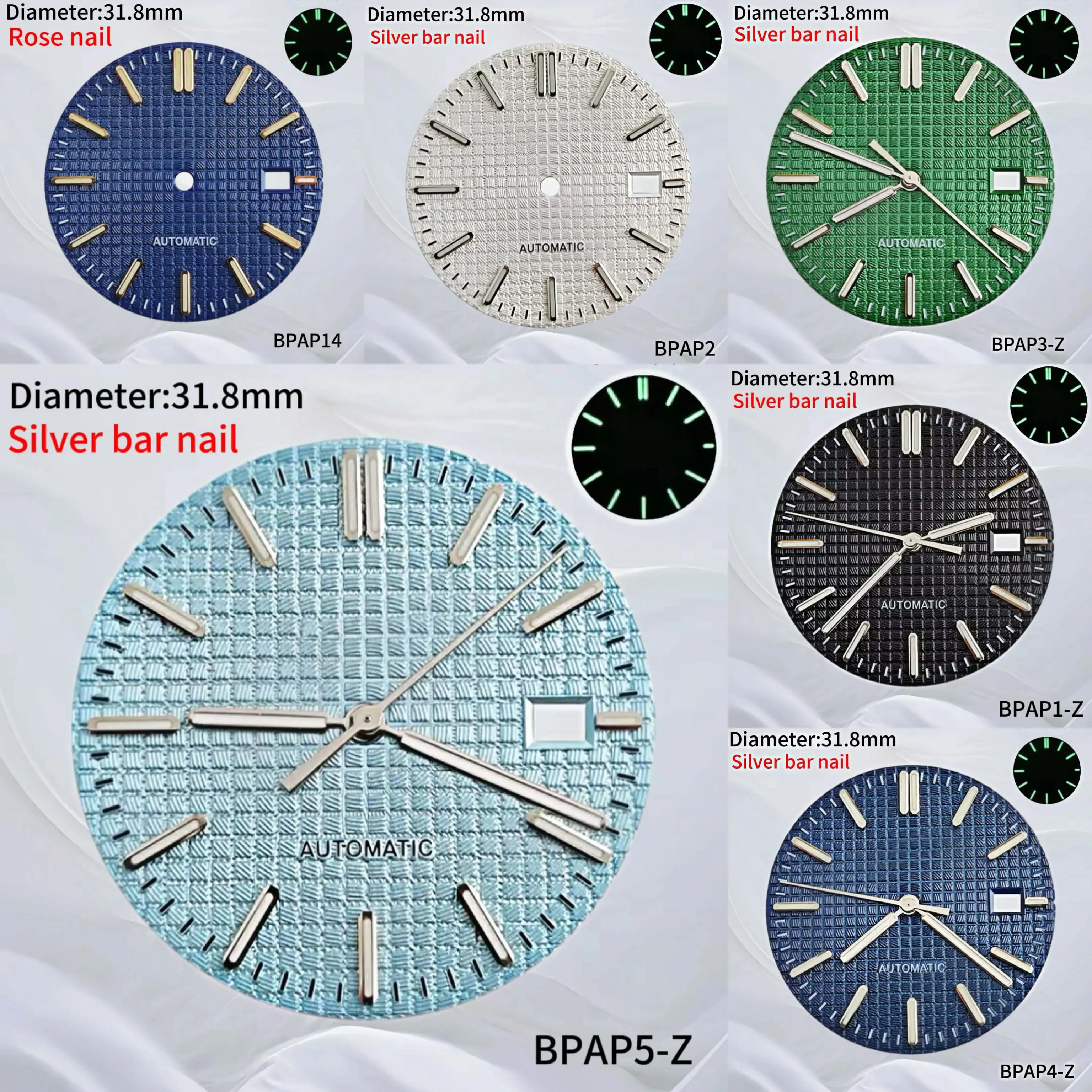 

31.8mm silver nail gold nail rose gold nail green silver gray blue dial equipped with NH35 and NH36 automatic movements