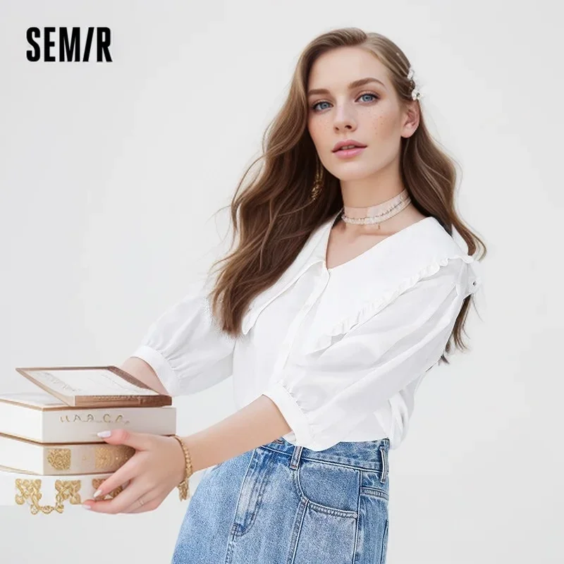 Semir Women Shirt 2024 New Middle-sleeve Shirt Easy-care White Gentle Stringy Selvedge Large Lapel Collar Clothes Shirt