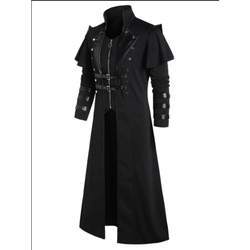 Vintage Halloween Medieval Steampunk Assassin Elves Pirate Costume Adult Men Black Long Split Jacket Gothic Armor Leather Coats