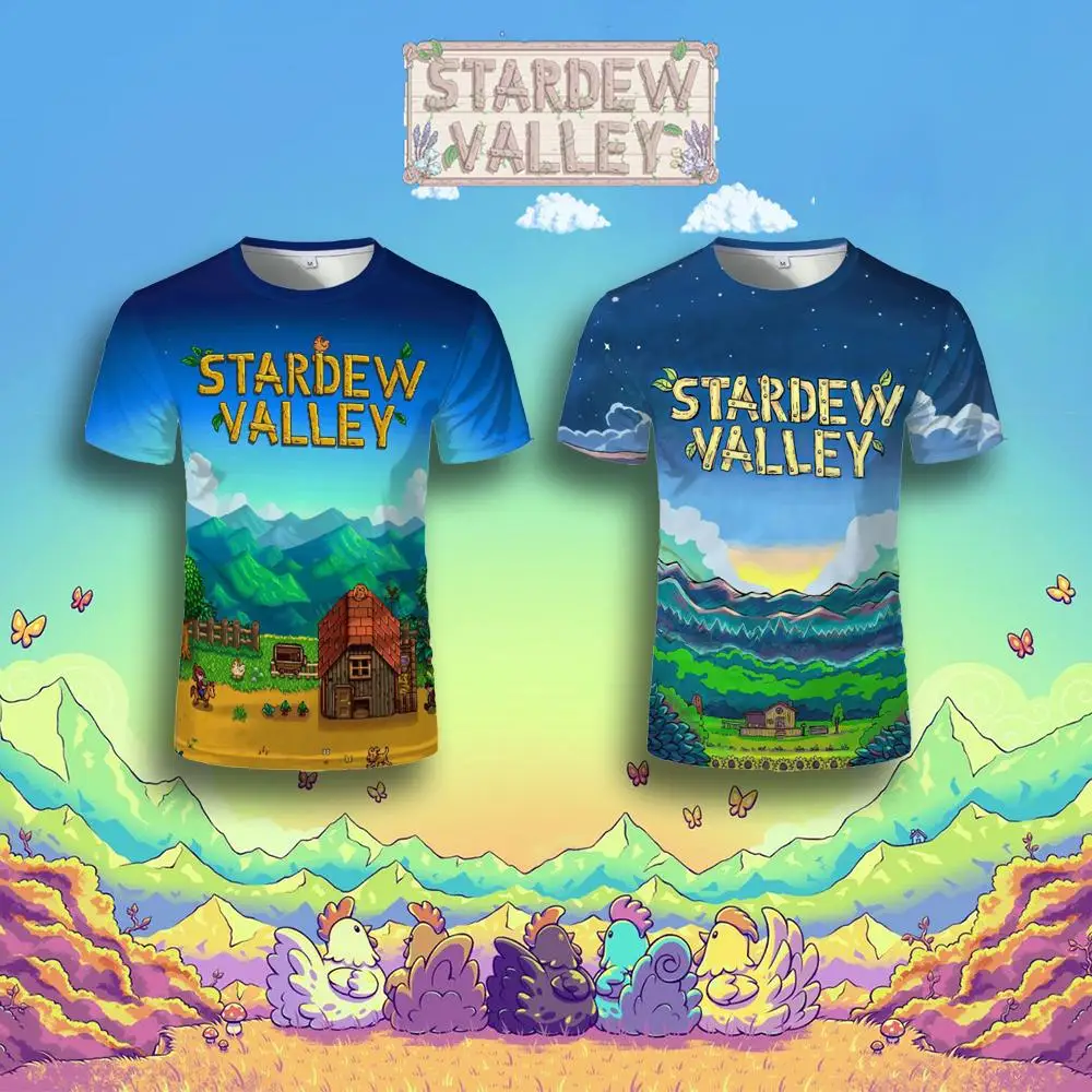 Stardew Valley Pixel-style Farm-themed Printed Men's T-shirt Funny Cute Graphic Tees Harajuku Unisex Y2K Casual Crew Neck Tops